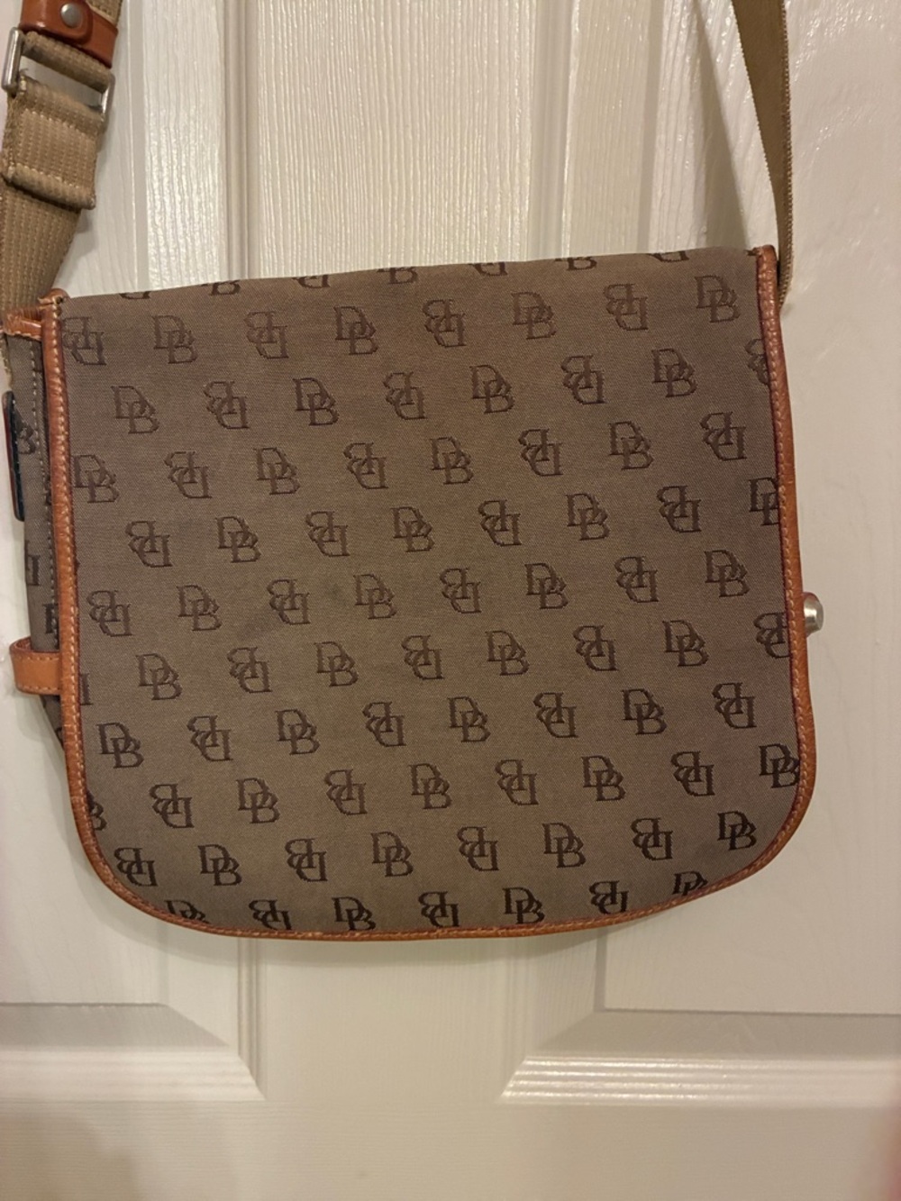 Dooney & Bourke Brown Monogram Canvas Messenger with Tan‎ Trim